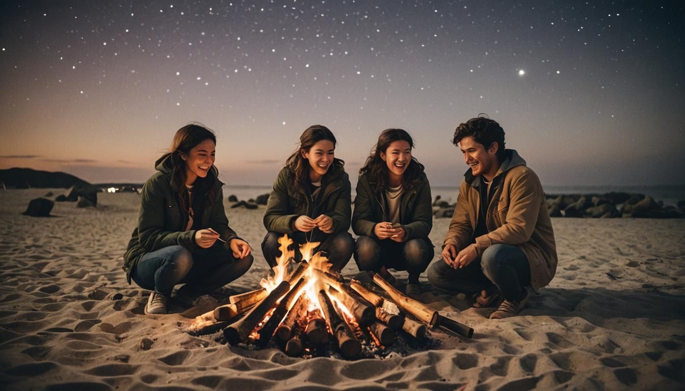 Friends Gathered Around Bonfire on Beach at Night