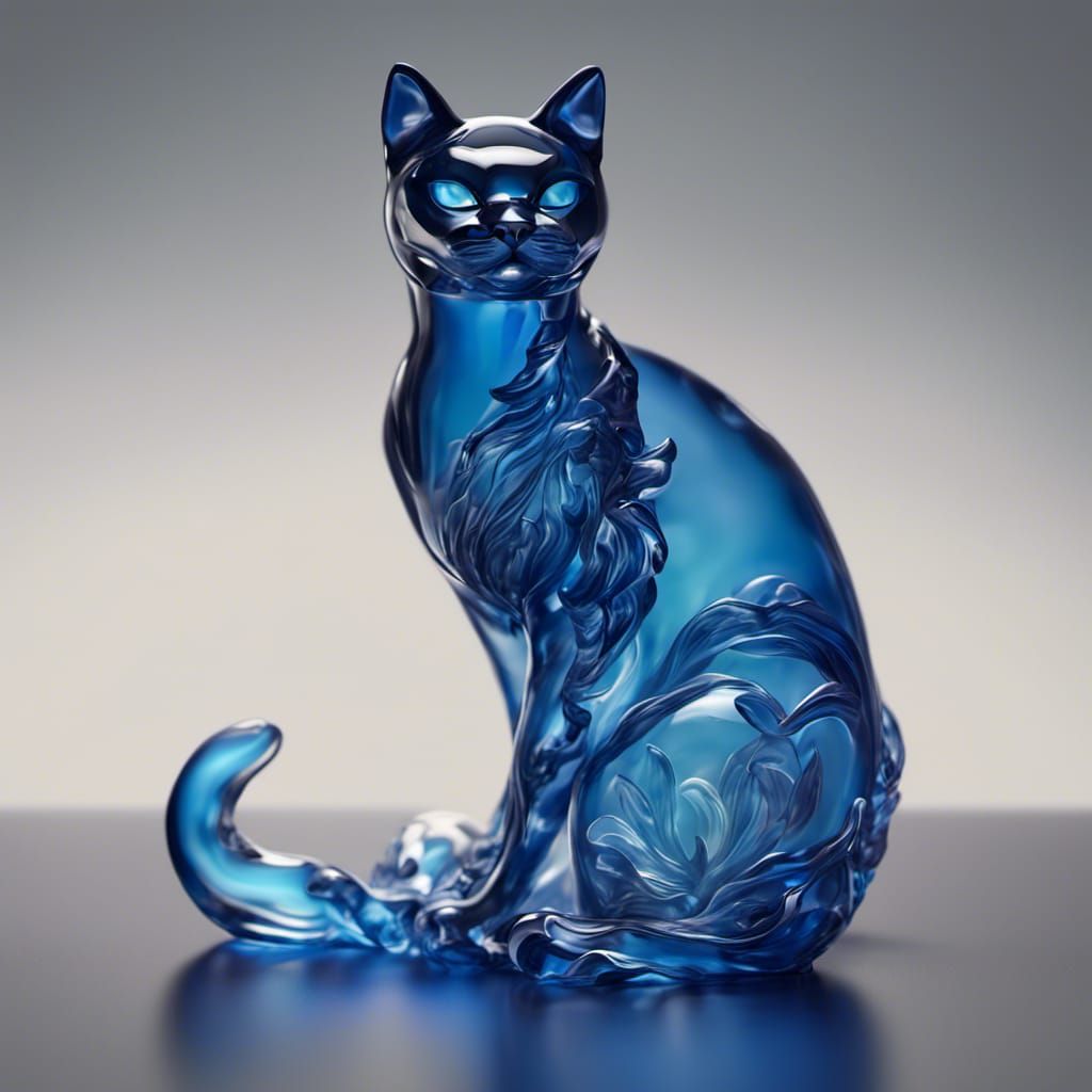 Elegant Blue Bristol Blown Glass Cat Figurine