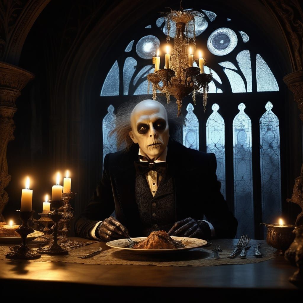 Grotesque Aristocrat Devours Rotting Feast in Dark, Gothic S...
