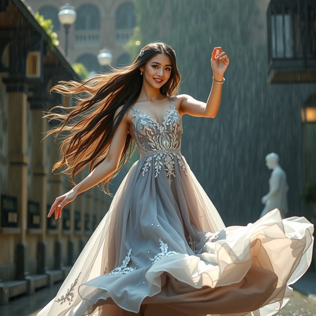 Regal French Princess Dances in the Rain