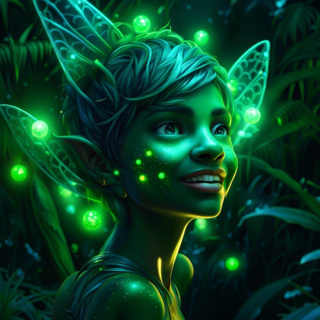 Bioluminescent Green Pixie in Lush Jungle, Digital Art