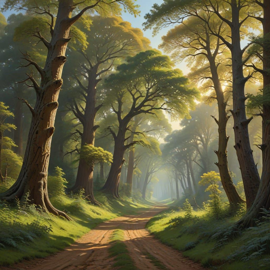 Majestic Avenue of Ancient Trees in Golden Light