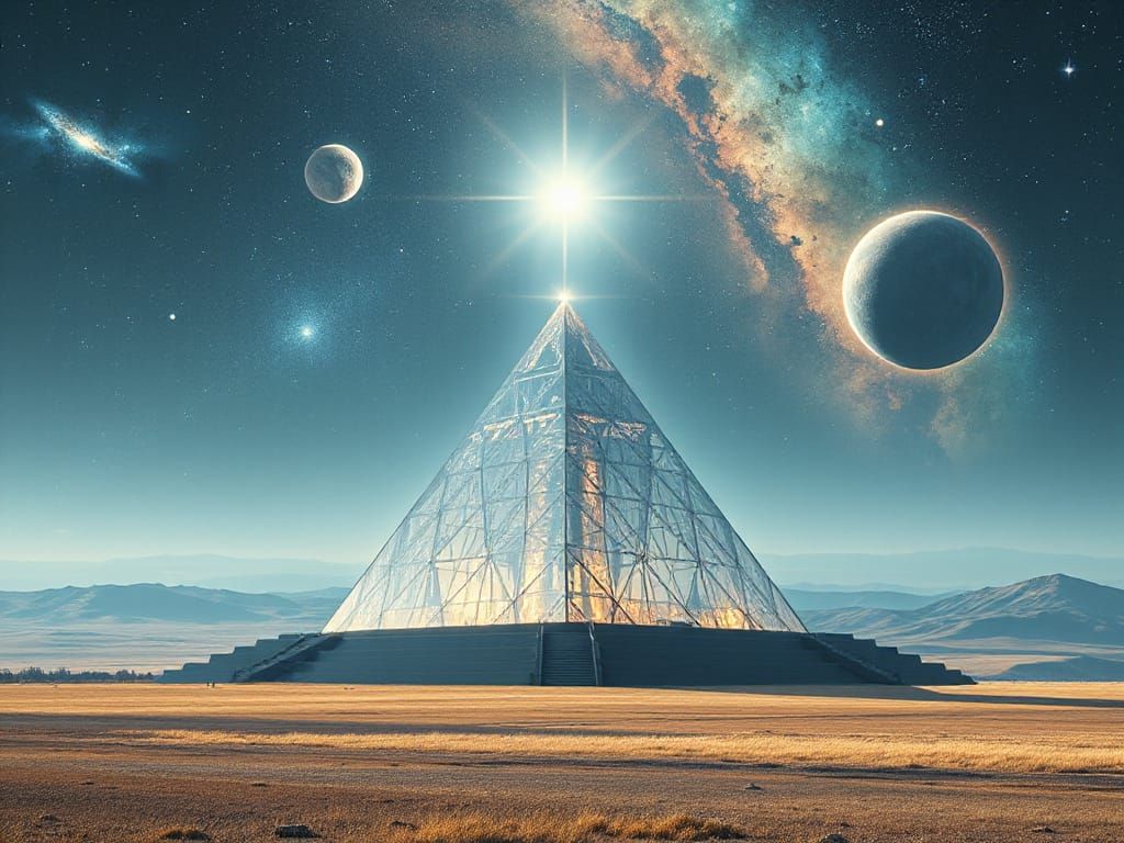 Civilization Surrounds Glass Pyramid Prism in Cosmic Sky
