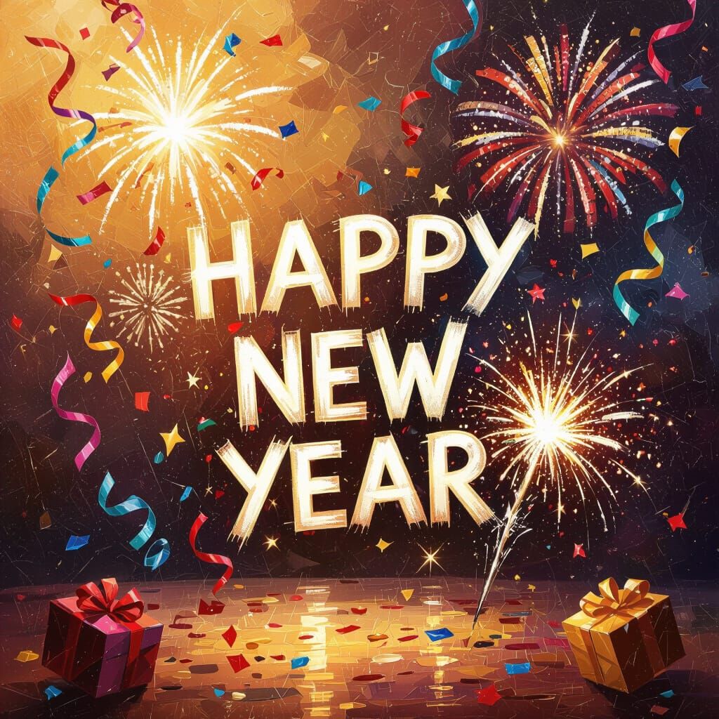 Vibrant New Year's Celebration with Fireworks and Confetti