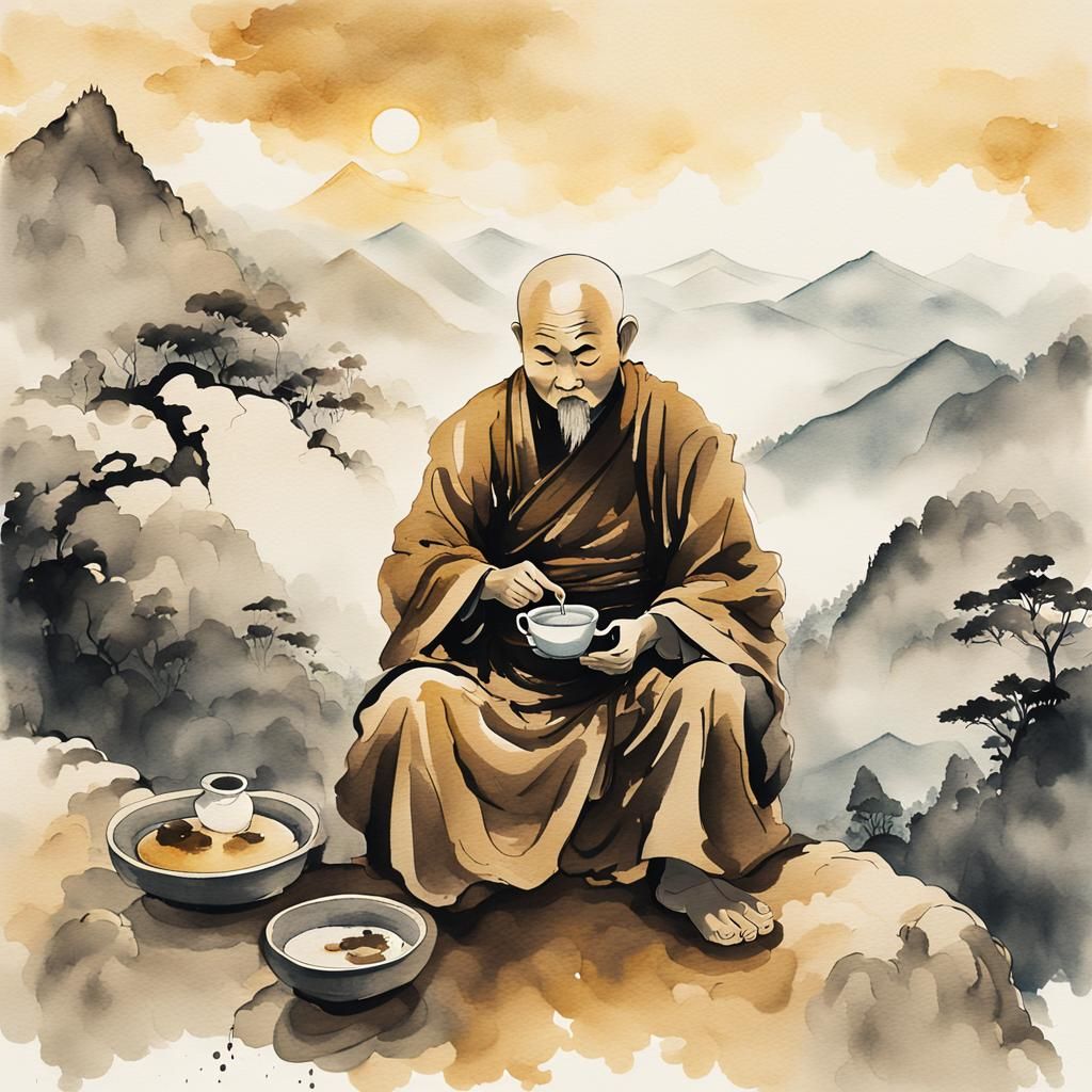 Monk Sipping Tea: Chinese Ink Wash Painting