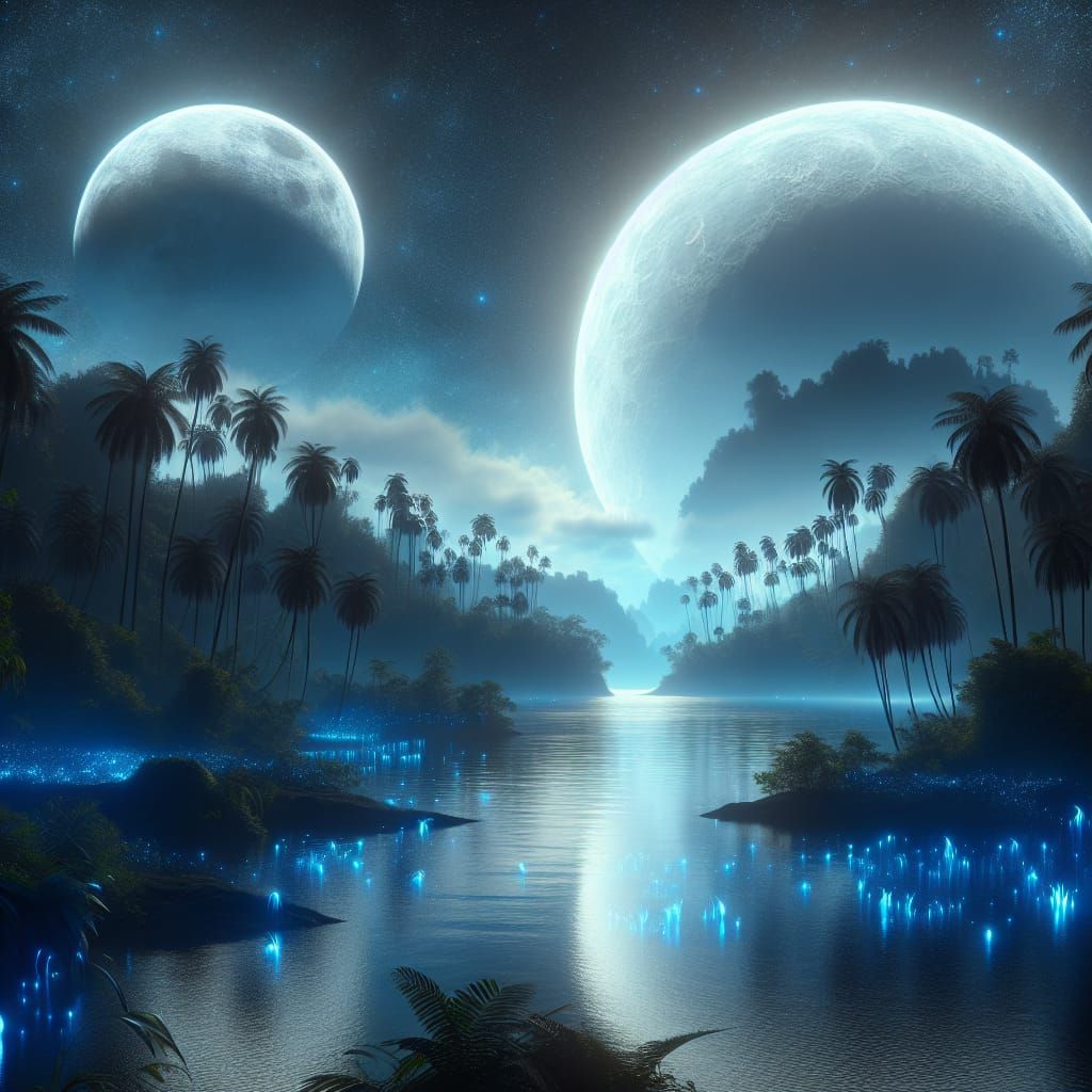 Exotic Tropical Lake Under Two Moons