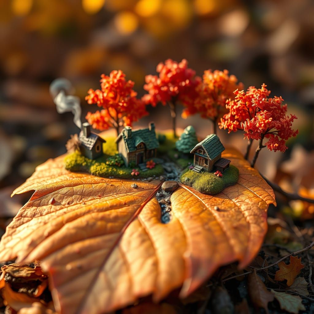Cozy Autumn Village Diorama on a Fallen Leaf