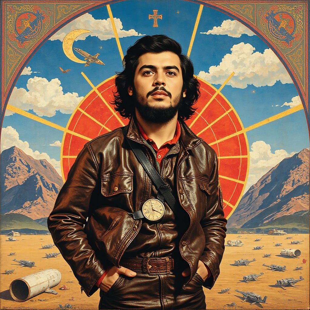 Che Guevara and Spaceguevara in Surreal Cosmic Mural Style