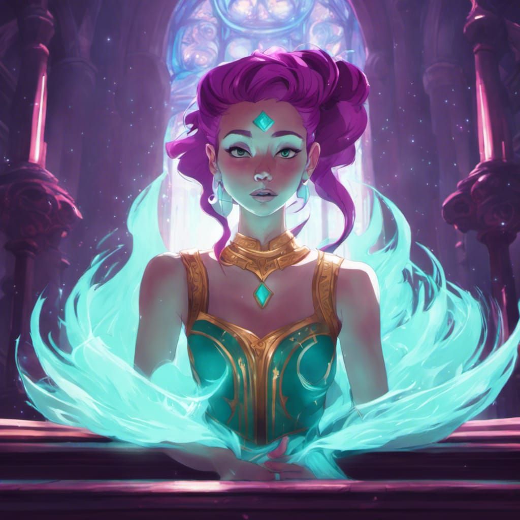 Hyperdetailed Priestess with Violet Hair in Castle Interior