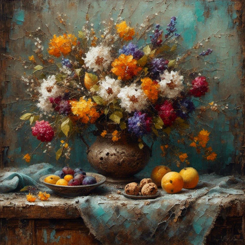 Gritty Still Life Oil Painting of Flowers and Walnuts