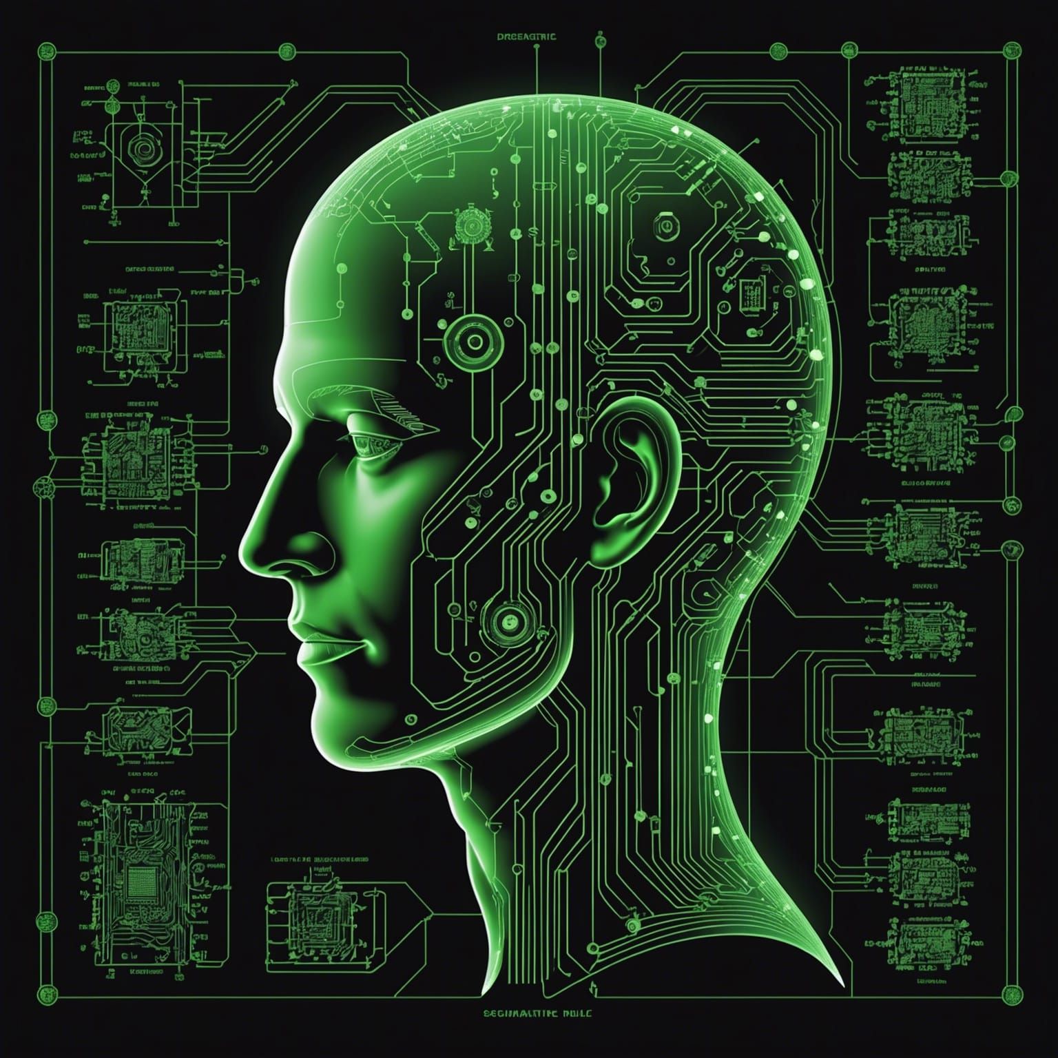 AI Lecture Poster: Green Schematic Human Head