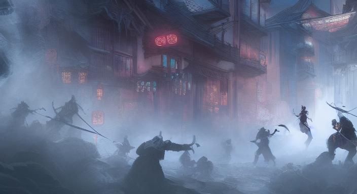 Ghostly Ninjas Battle in Feudal Japan: Fantasy Art
