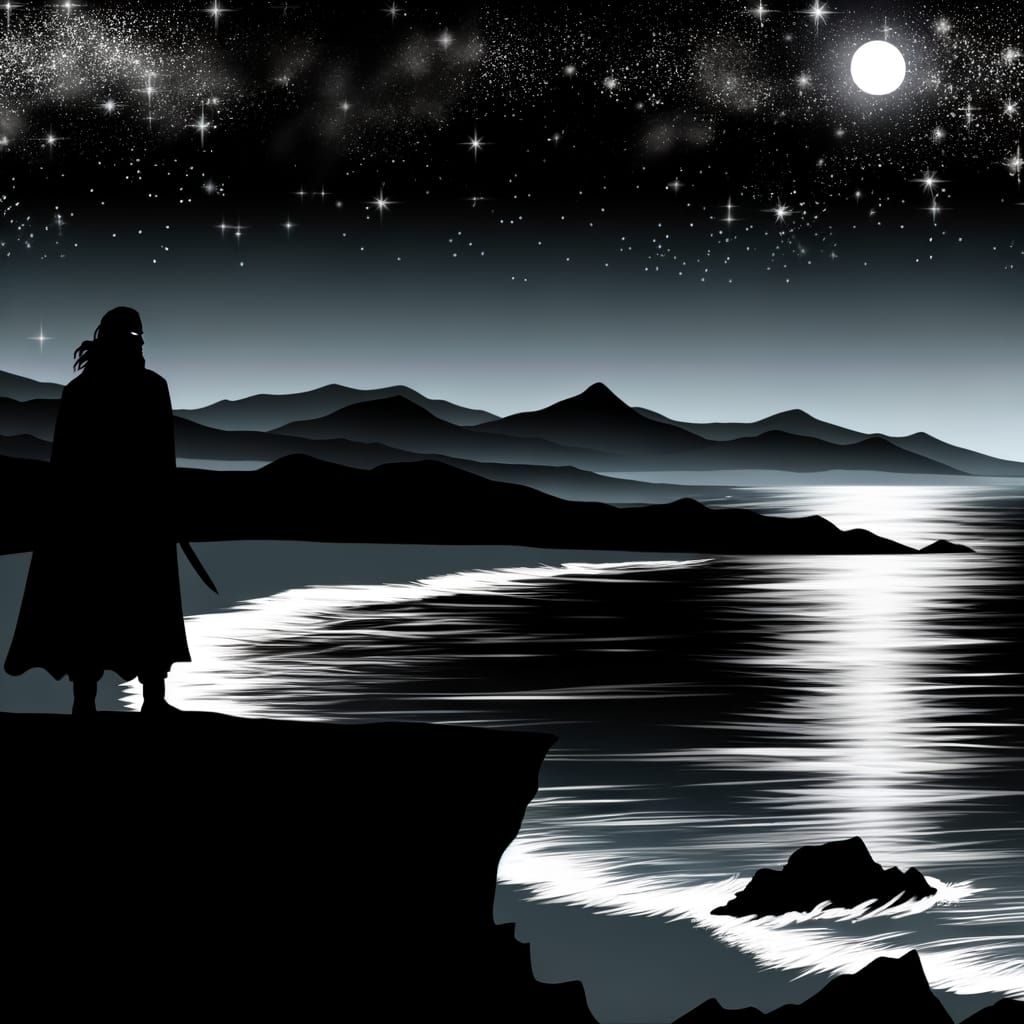 Majestic Warrior Silhouette Under Starry Night Sky