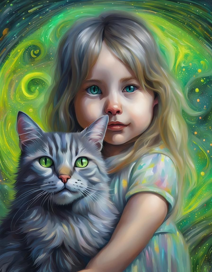 Impressionistic Portrait of Girl and Siberian Cat
