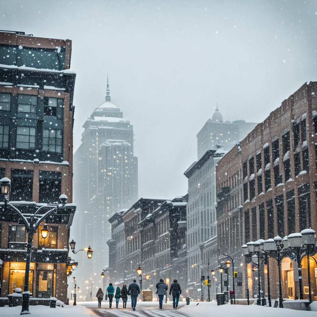 People Walking Downtown in Winter Snow
