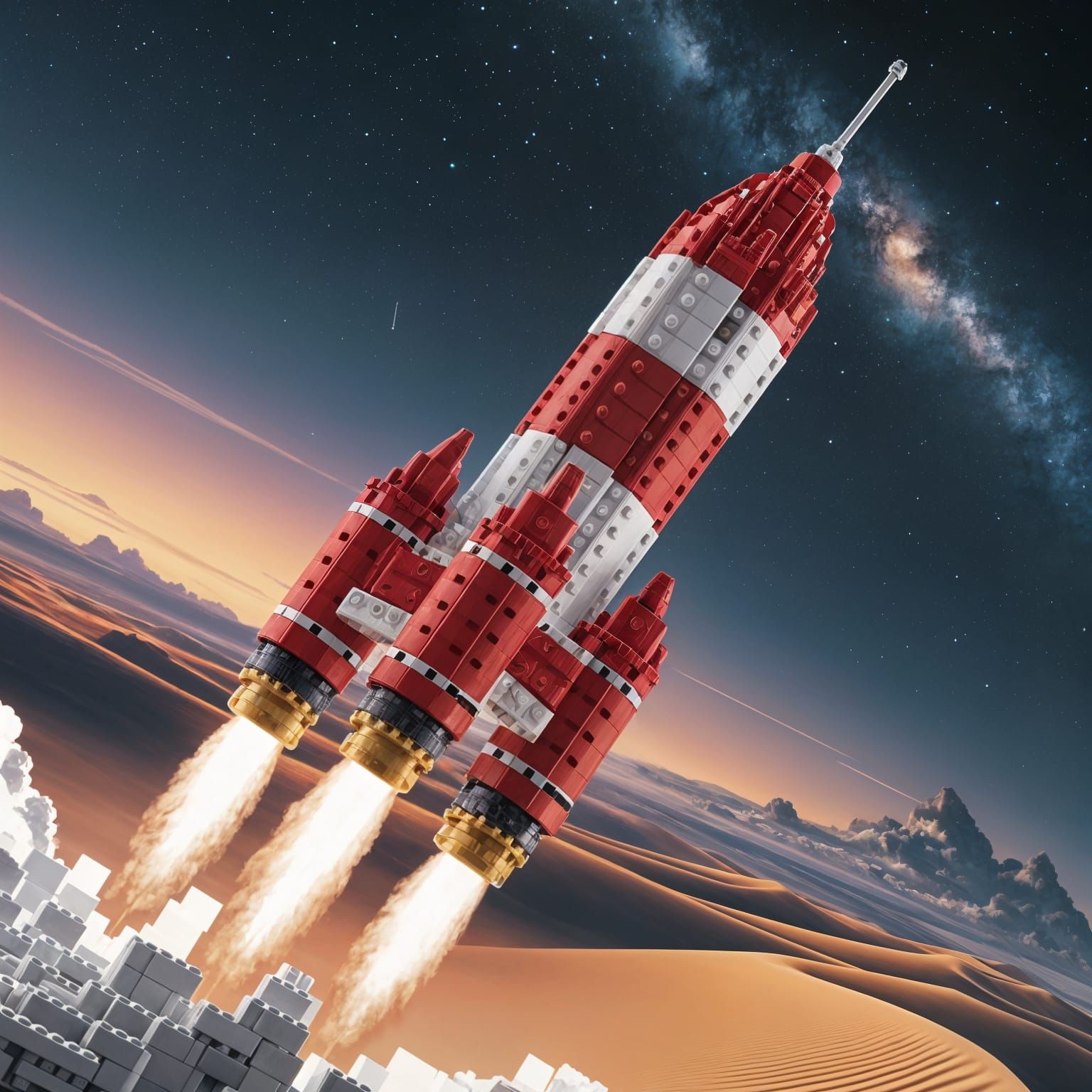 Lego Rocket Launches into Twilight Sky