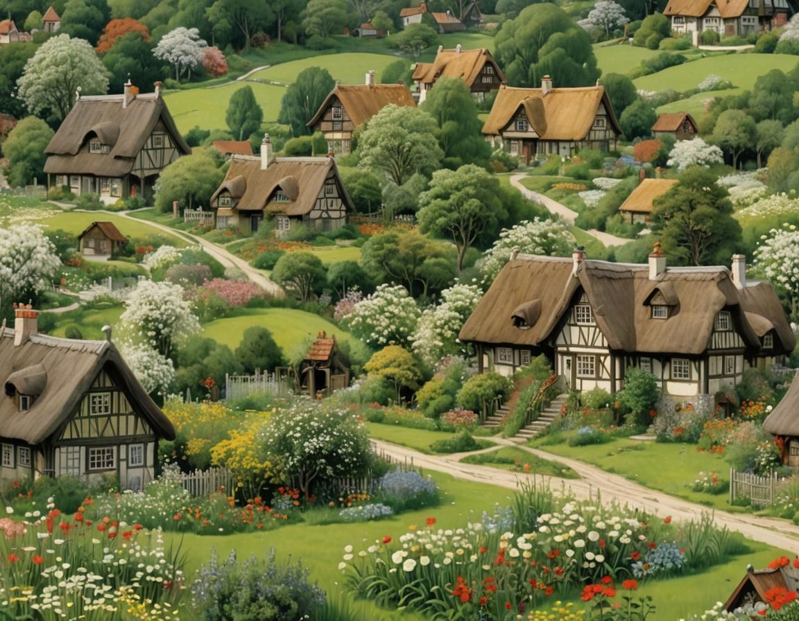 Charming Countryside Village in the Style of Golden Age Illu...