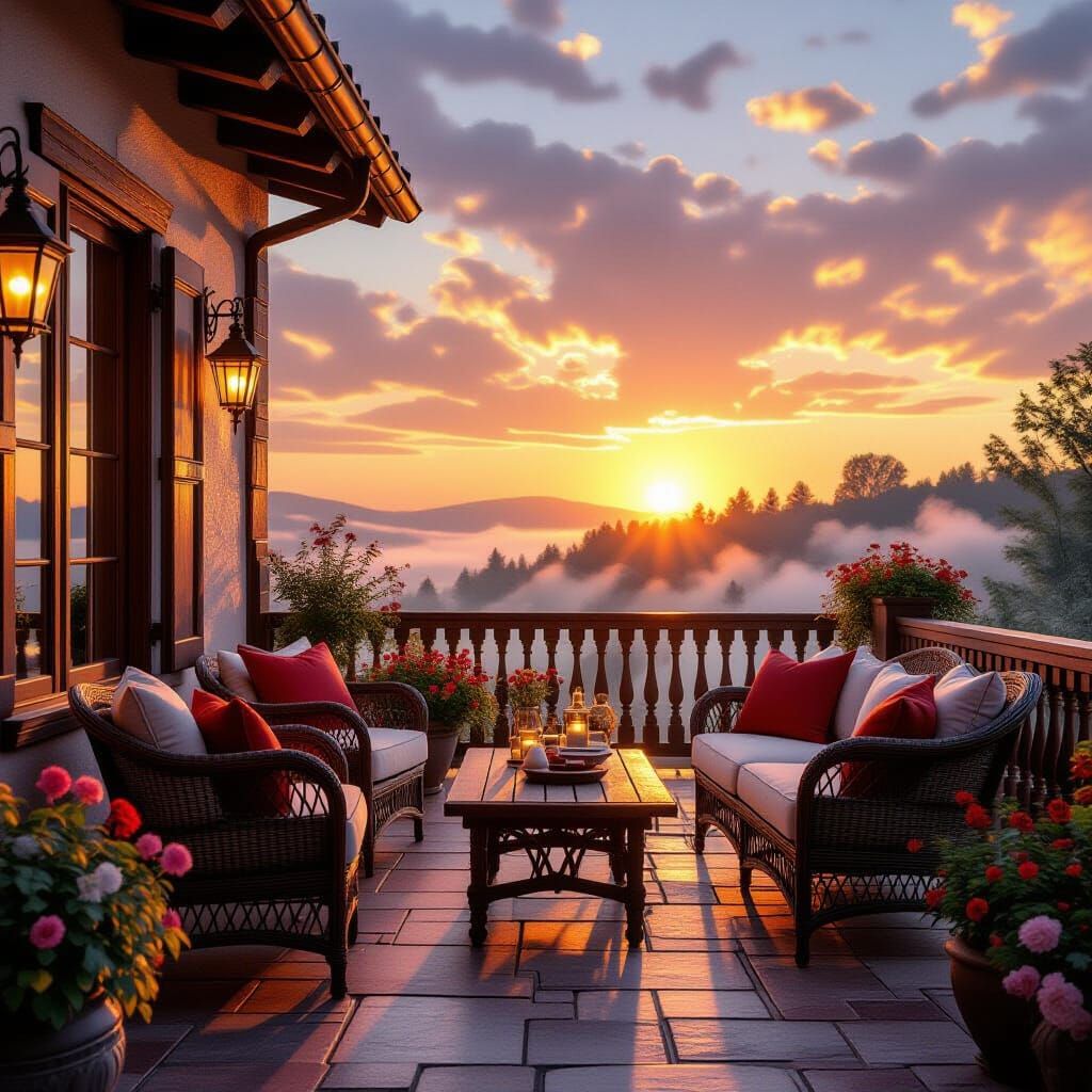 Rustic Terrace at Fall Sunset in Dreamlike 3D Style