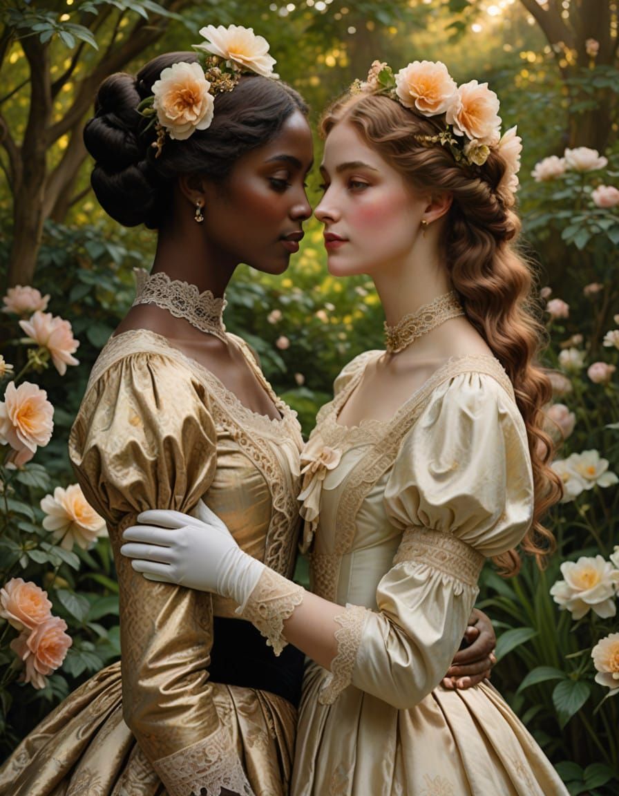 Sisters Embracing in a Vibrant Victorian Garden