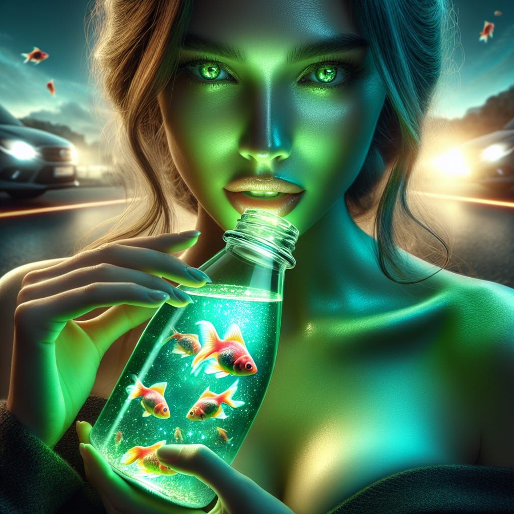 Radiant Green Woman Sipping from Fish-Filled Bottle