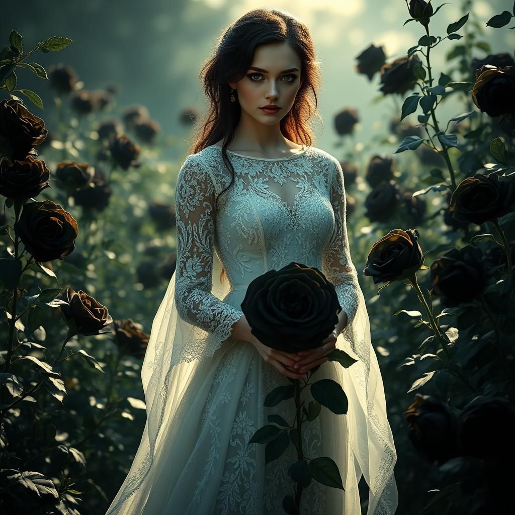 Elegant Woman in Black Rose Garden, Pre-Raphaelite Style