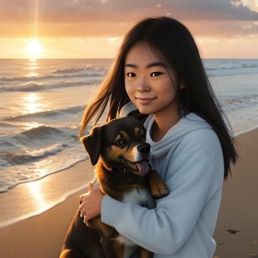 Girl and Dog on Beach at Sunset