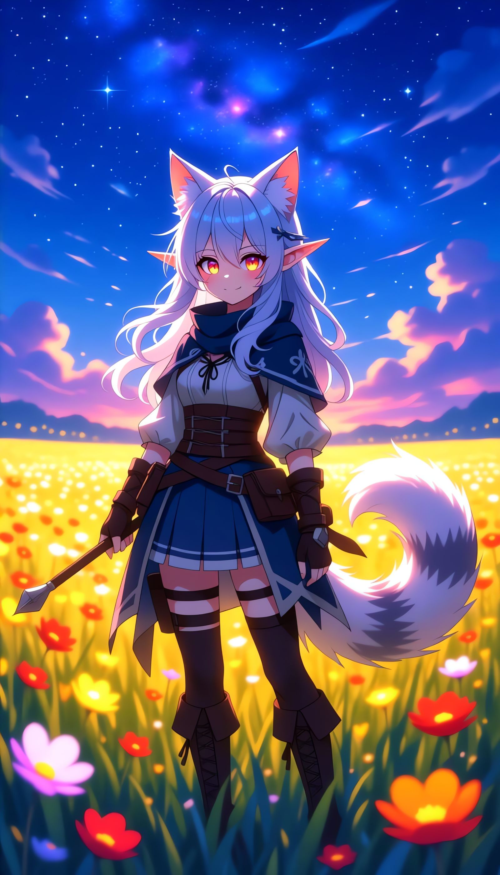 Magical Elf Cat-Girl in Glowing Flower Field