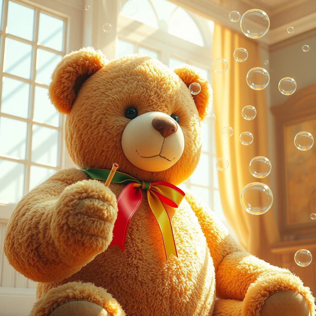 Giant Teddy Bear Blowing Bubbles: Photorealistic Style