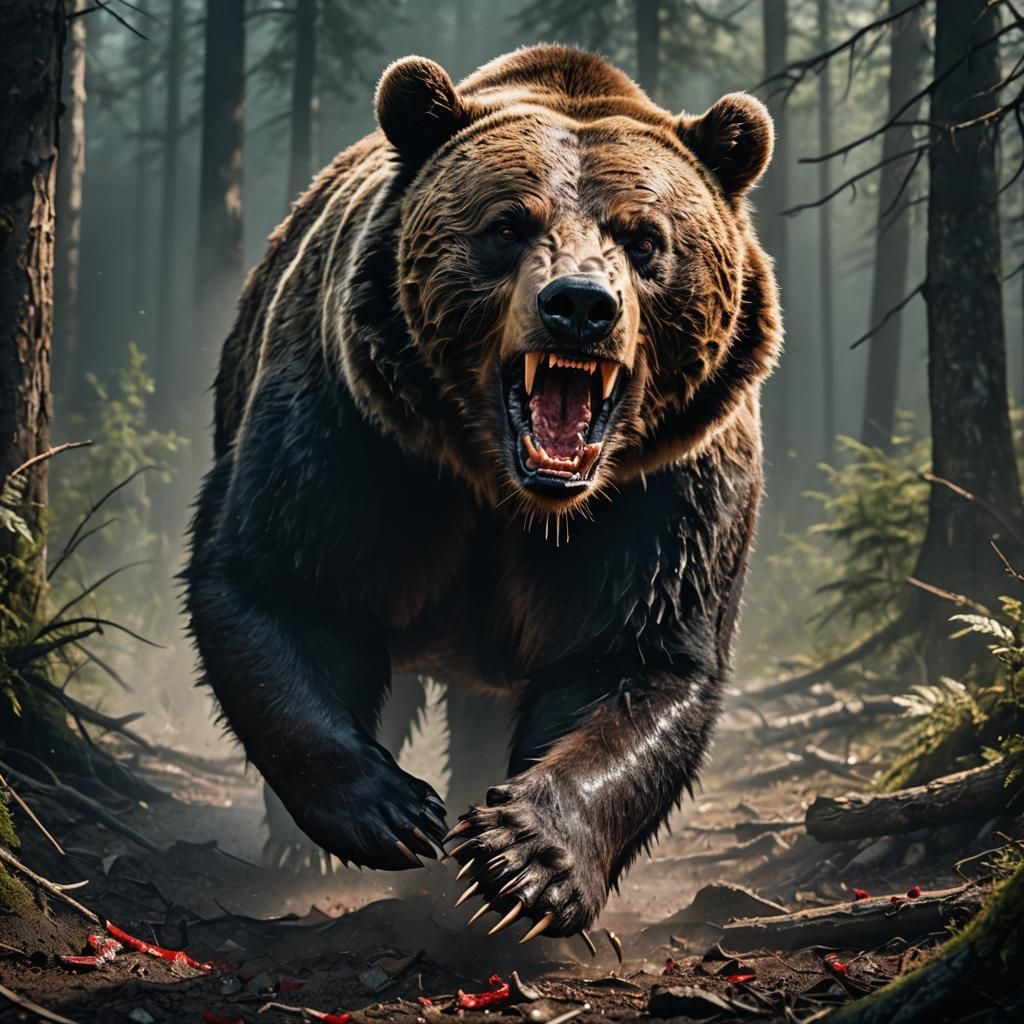 Hyper-Realistic Wildlife Photo: Scarred Bear Snarling