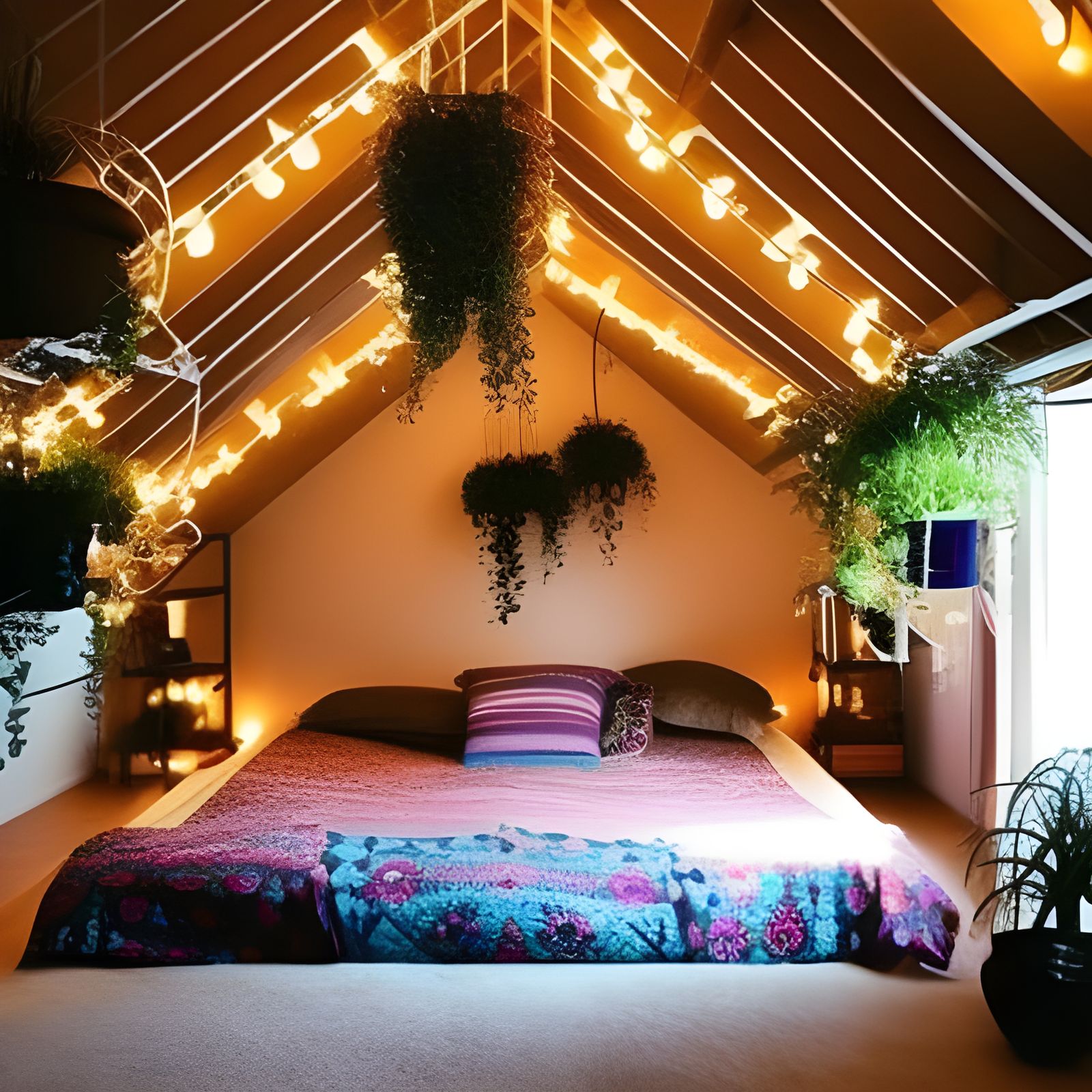 Bohemian Attic Bedroom with String Lights and Plants