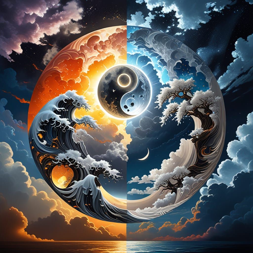 Cosmic Yin Yang Oil Painting in Split Screen