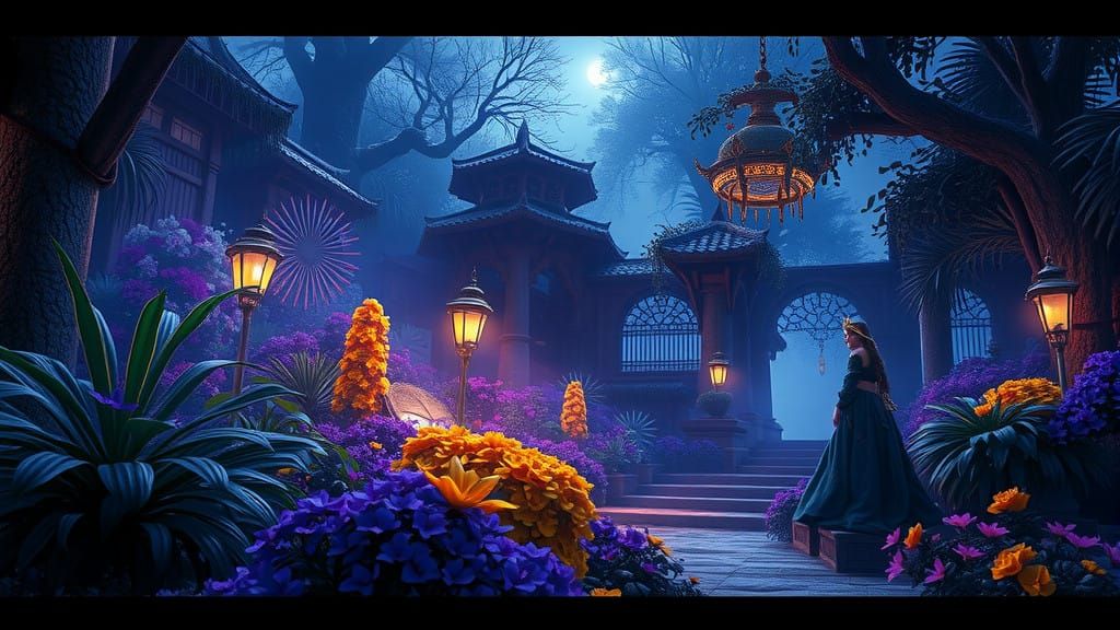 Surreal Blue Gardens in Dark Fantasy Art Style