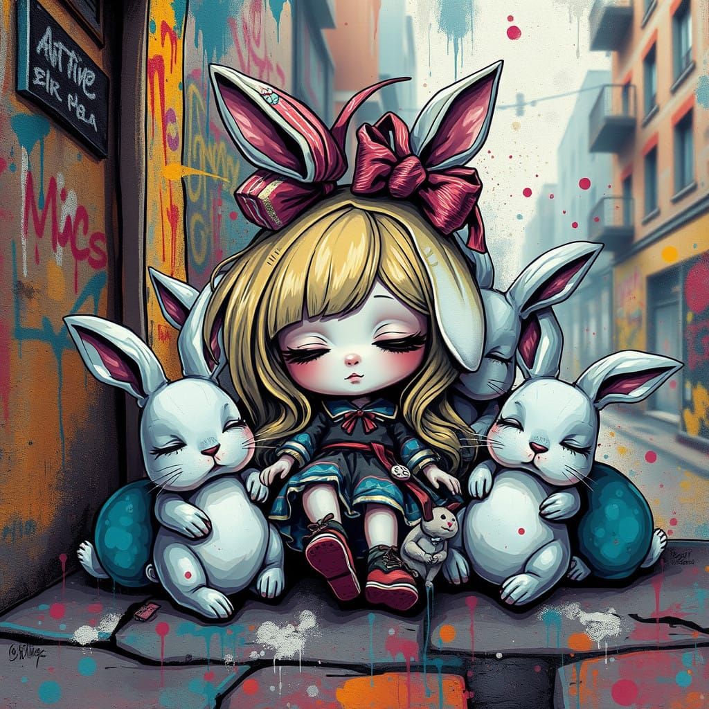 Whimsical Dreamlike Blythe Doll Scene in Urban Street Art St...