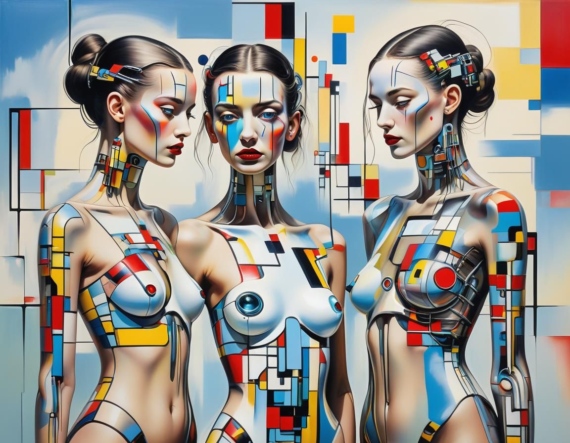 Futuristic Women with Cybernetic Tattoos in Surreal Style