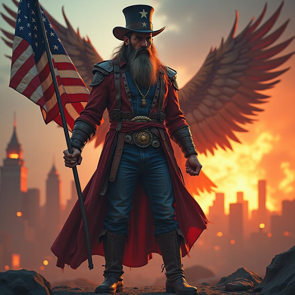 Valiant Patriot in Blazing Cityscape: Matte Painting