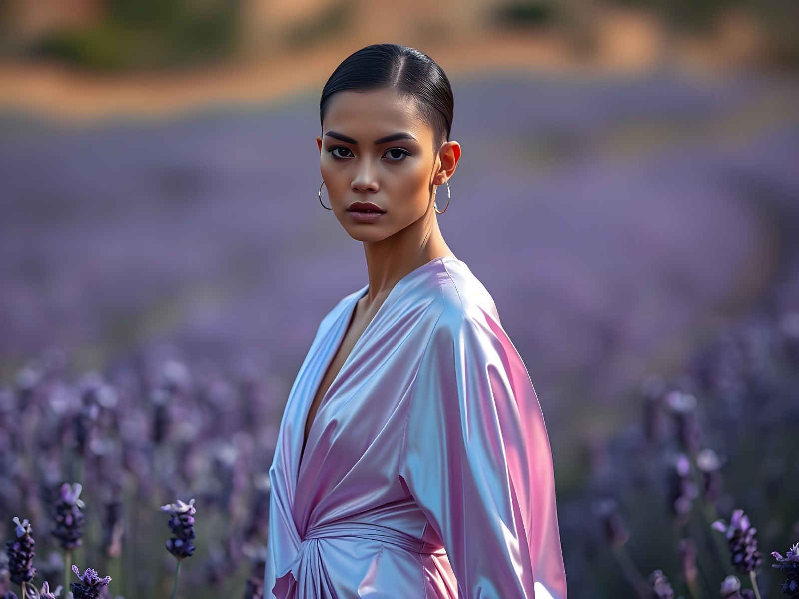 Androgynous Model in Lavender Field: Hyperrealistic Fashion