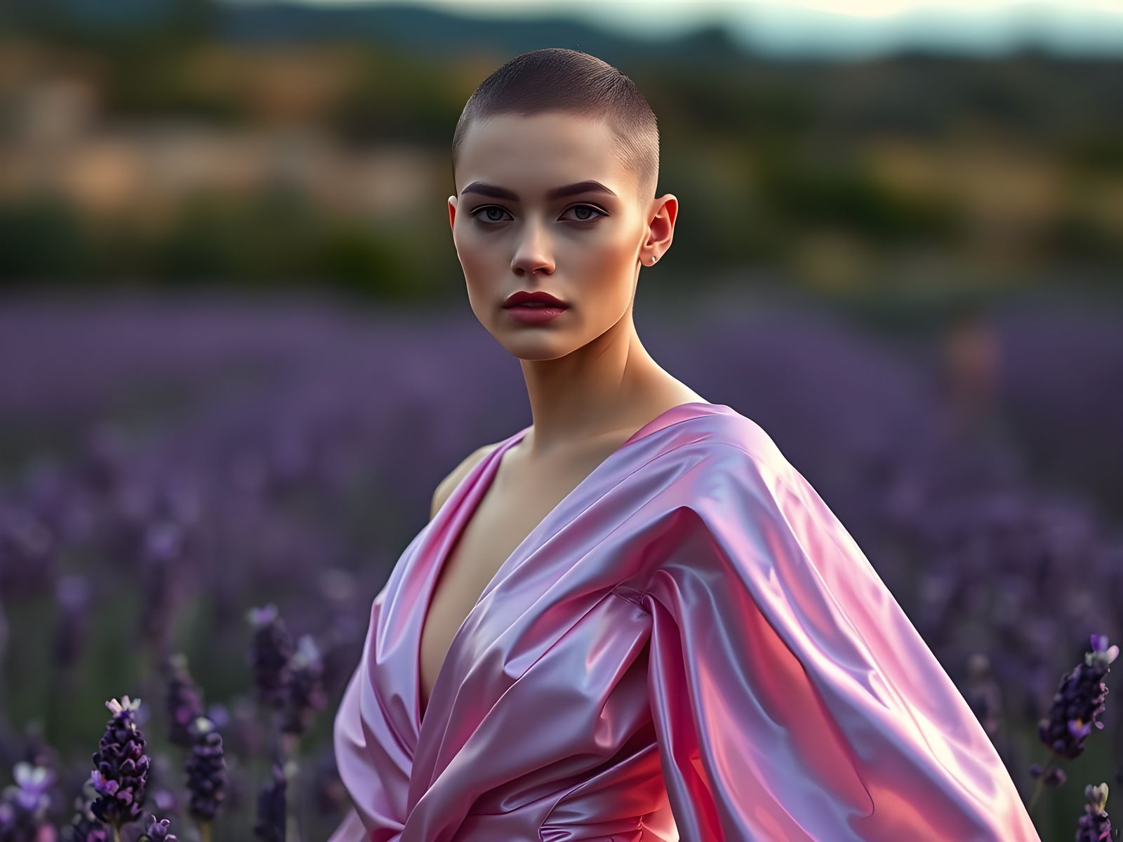 Androgynous Model in Lavender Field: Hyperrealistic Gown