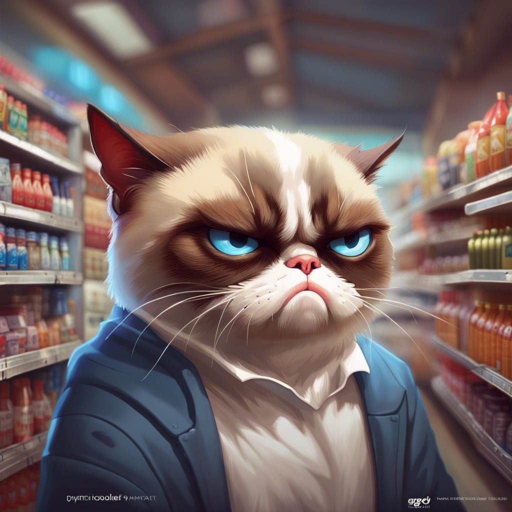 Grumpy Cat Portrait in Joke Shop, Hyperdetailed Art