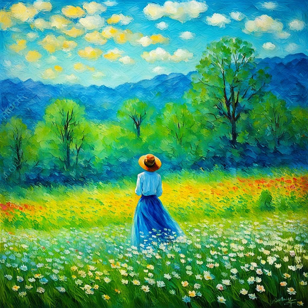 Woman in Meadow, Spring Impressionist Style