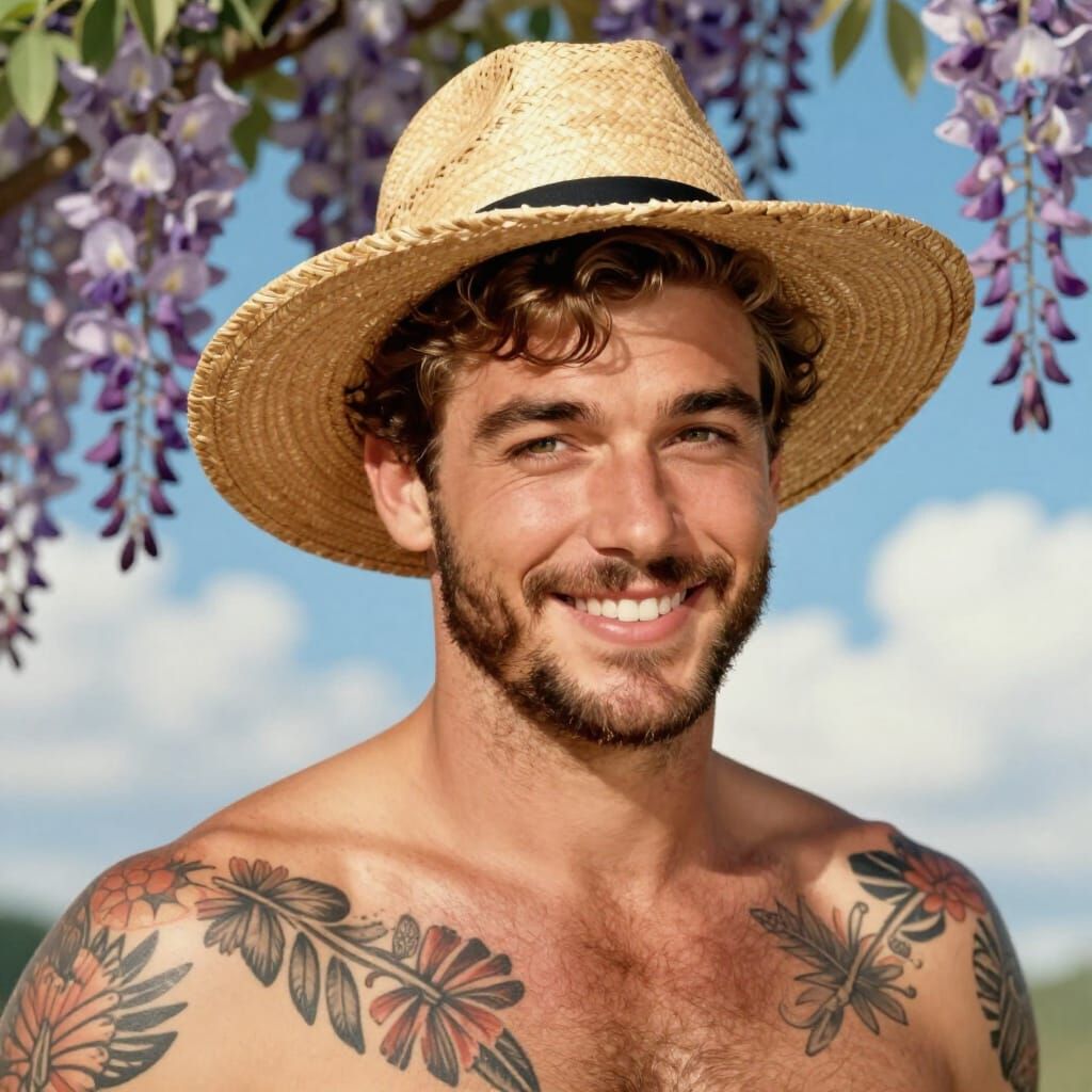 Charming Man in 1920s Hat with Hawaiian Tattoos