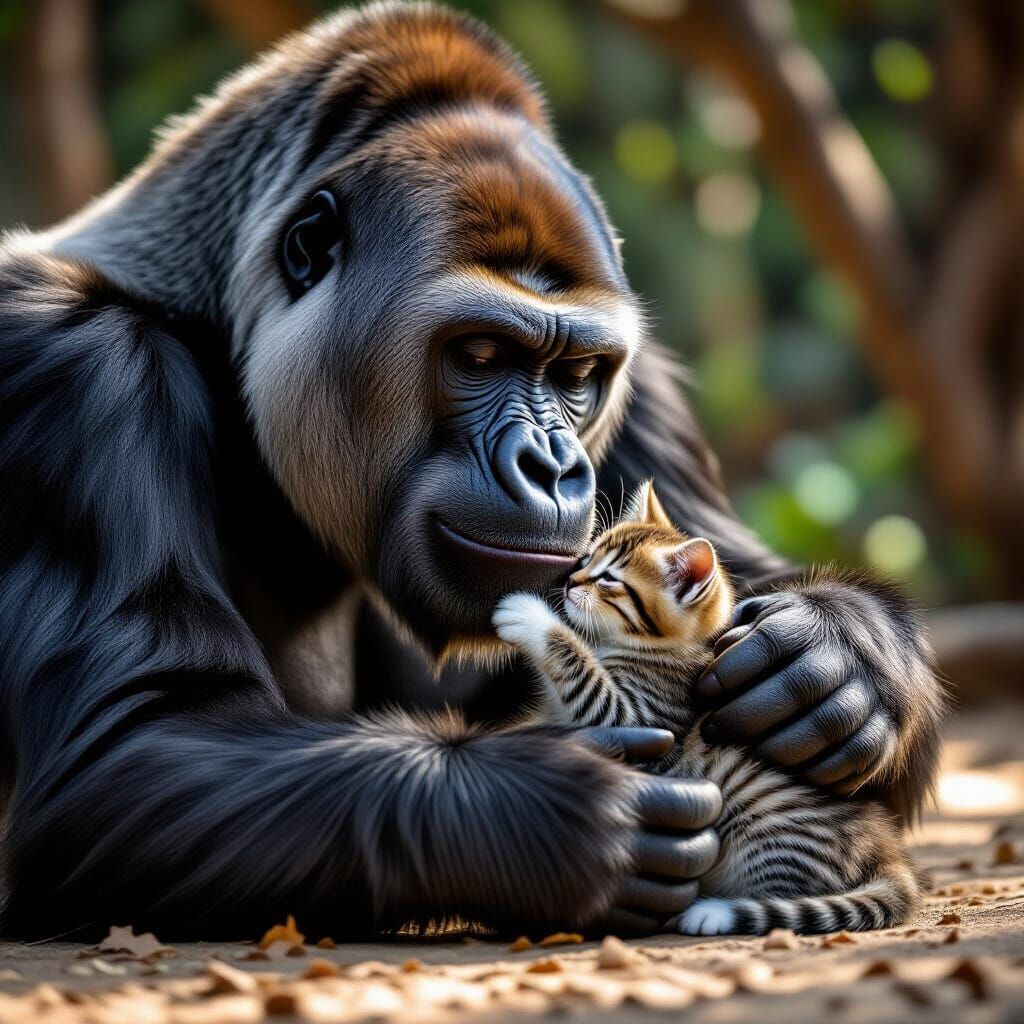 Realistic Gorilla Tends to Kitten with Cinematic Lighting