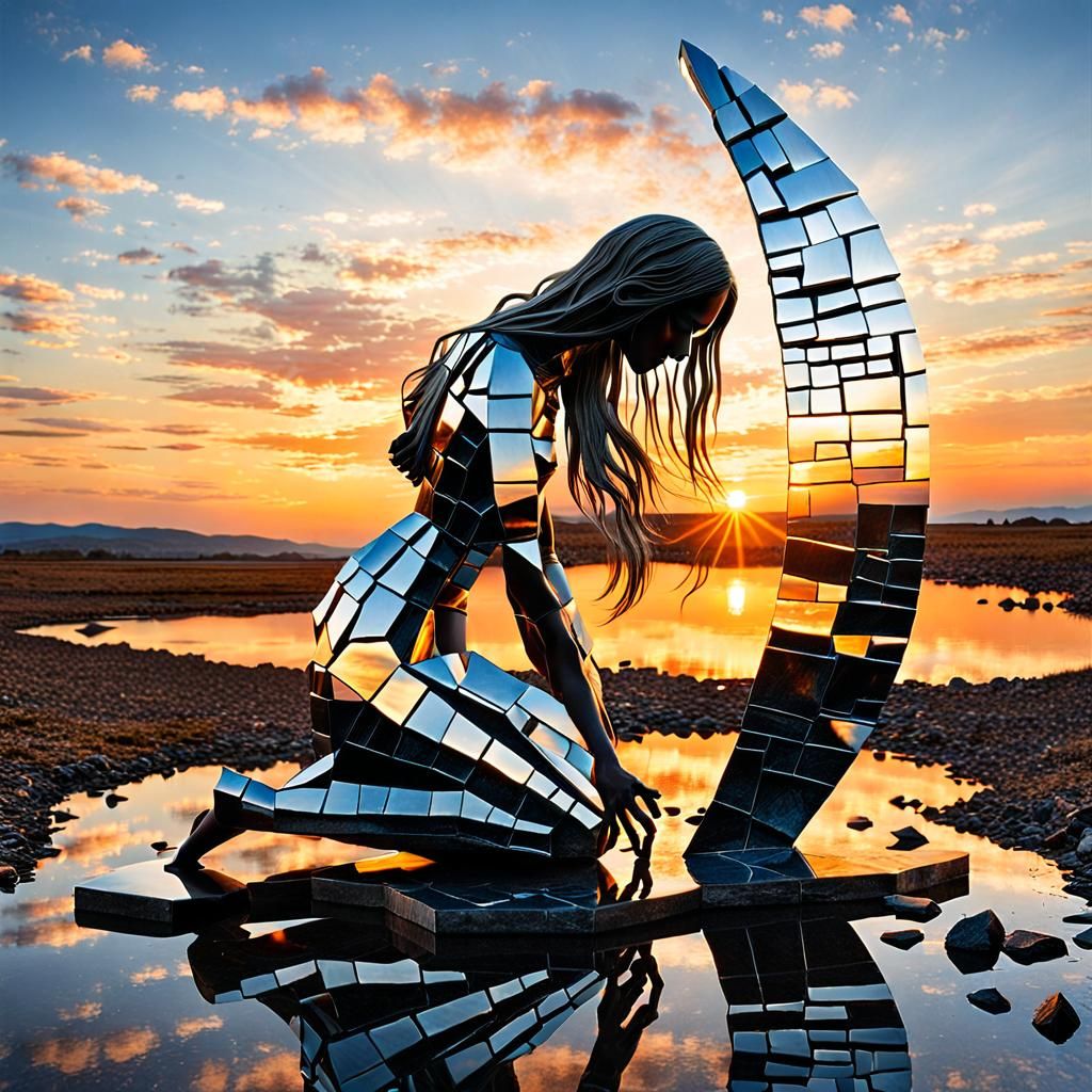Surreal Fragmented Sculpture of Woman at Sunset