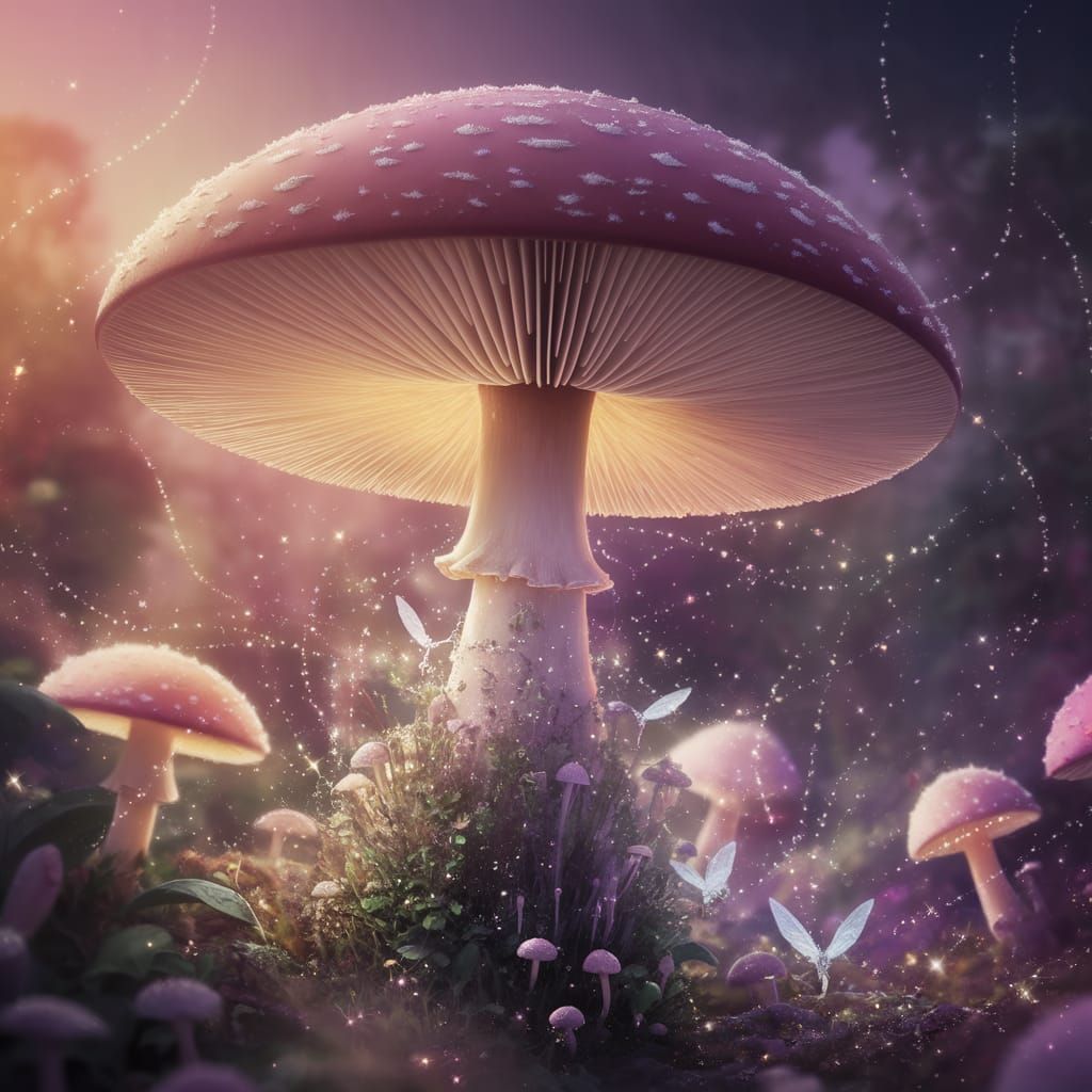 Majestic Fairy Realm in a Giant Amanita's Shade, Twinkling w...
