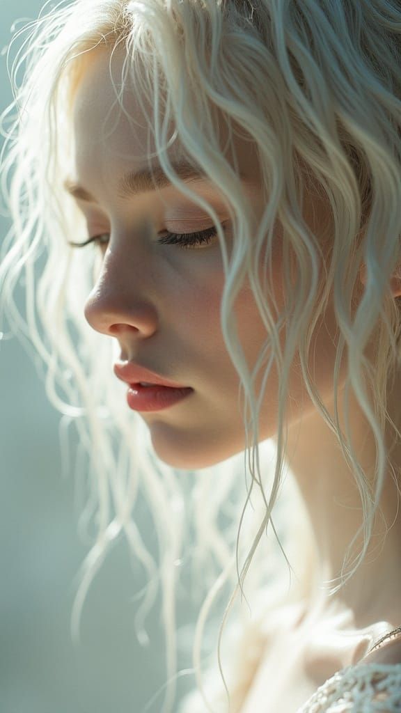 Ethereal Woman Portrait with Platinum Hair in Hyperrealism