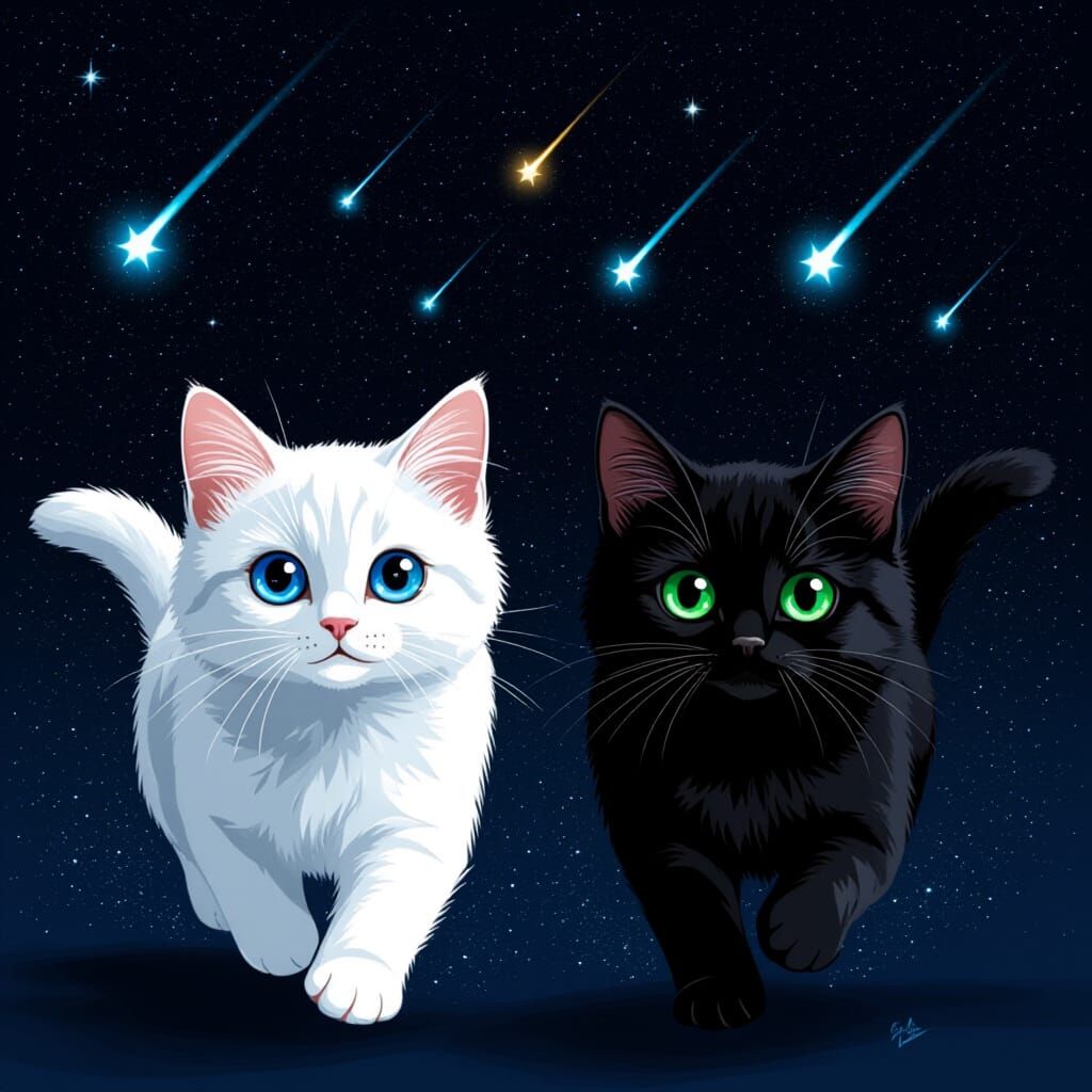 Two Cats Running in Space with Shooting Stars