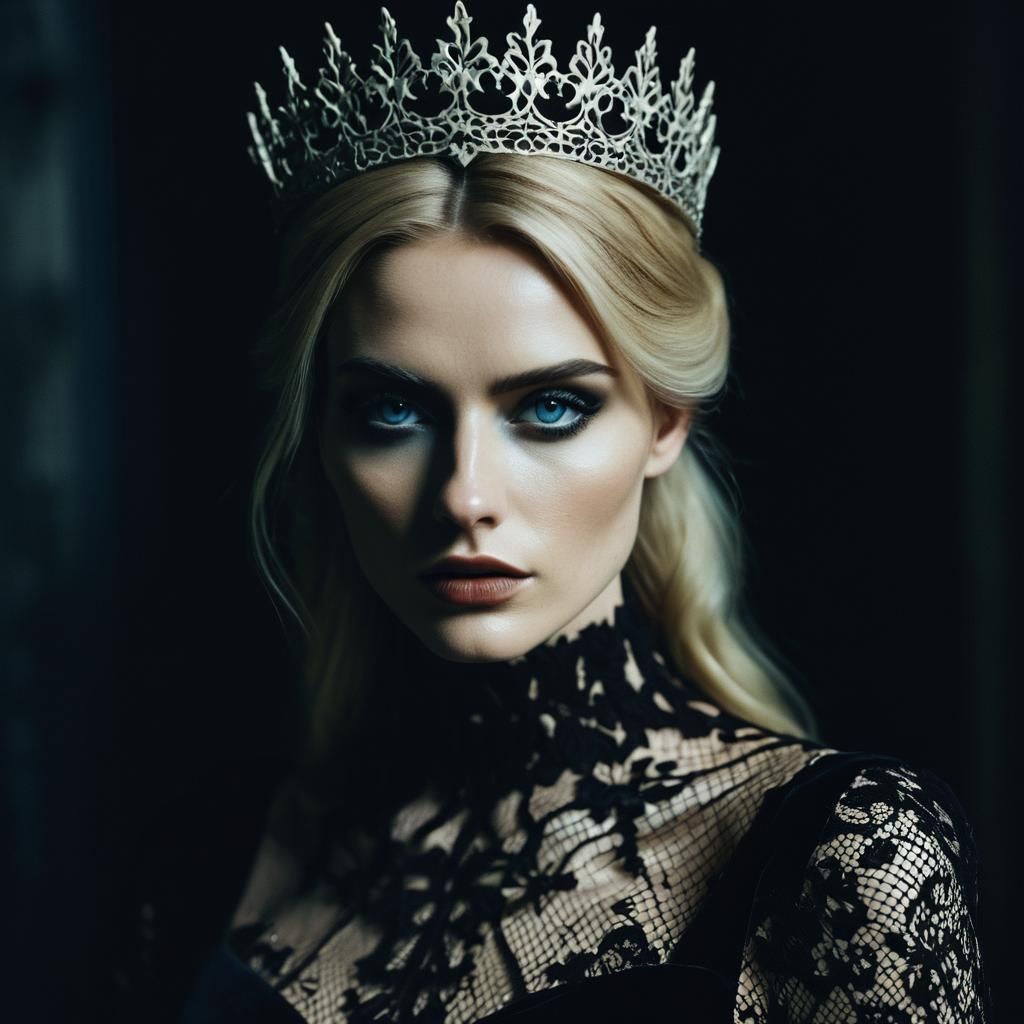 Confident Girl in Lace Dress and Bone Crown