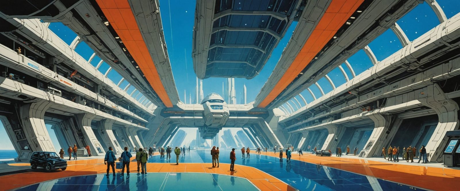 Futuristic Spaceport Interior in Gouache and Watercolor