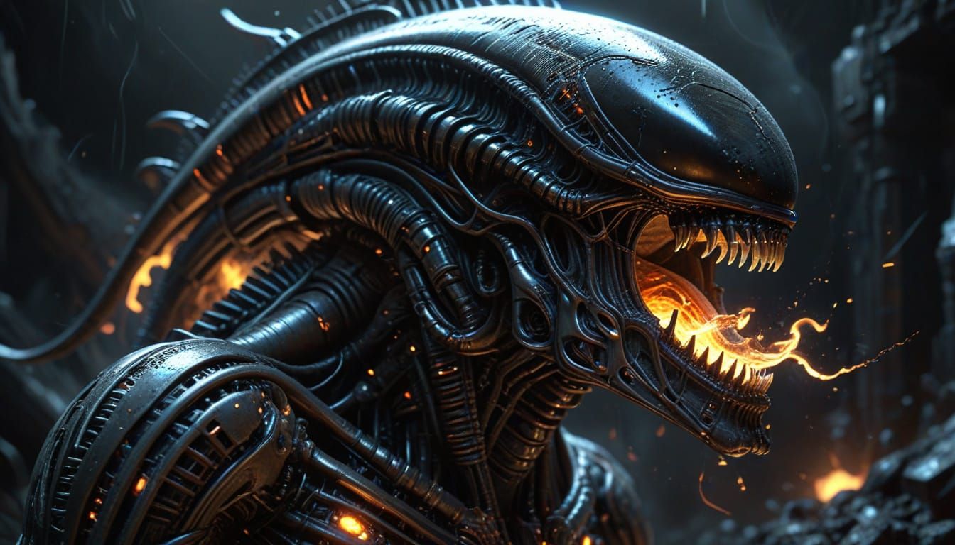 Biomechanical Horror Unveiled in Dark, Neon-Lit Splendor