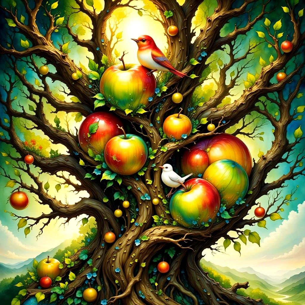Ethereal Fantasy Apple Tree in Vibrant Splash Art