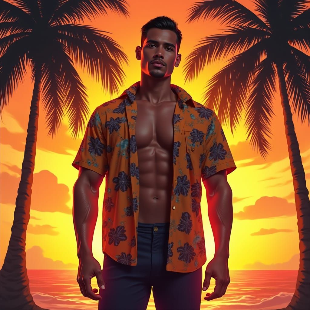 Tropical Sunset Silhouette in Retro Pop Art Style